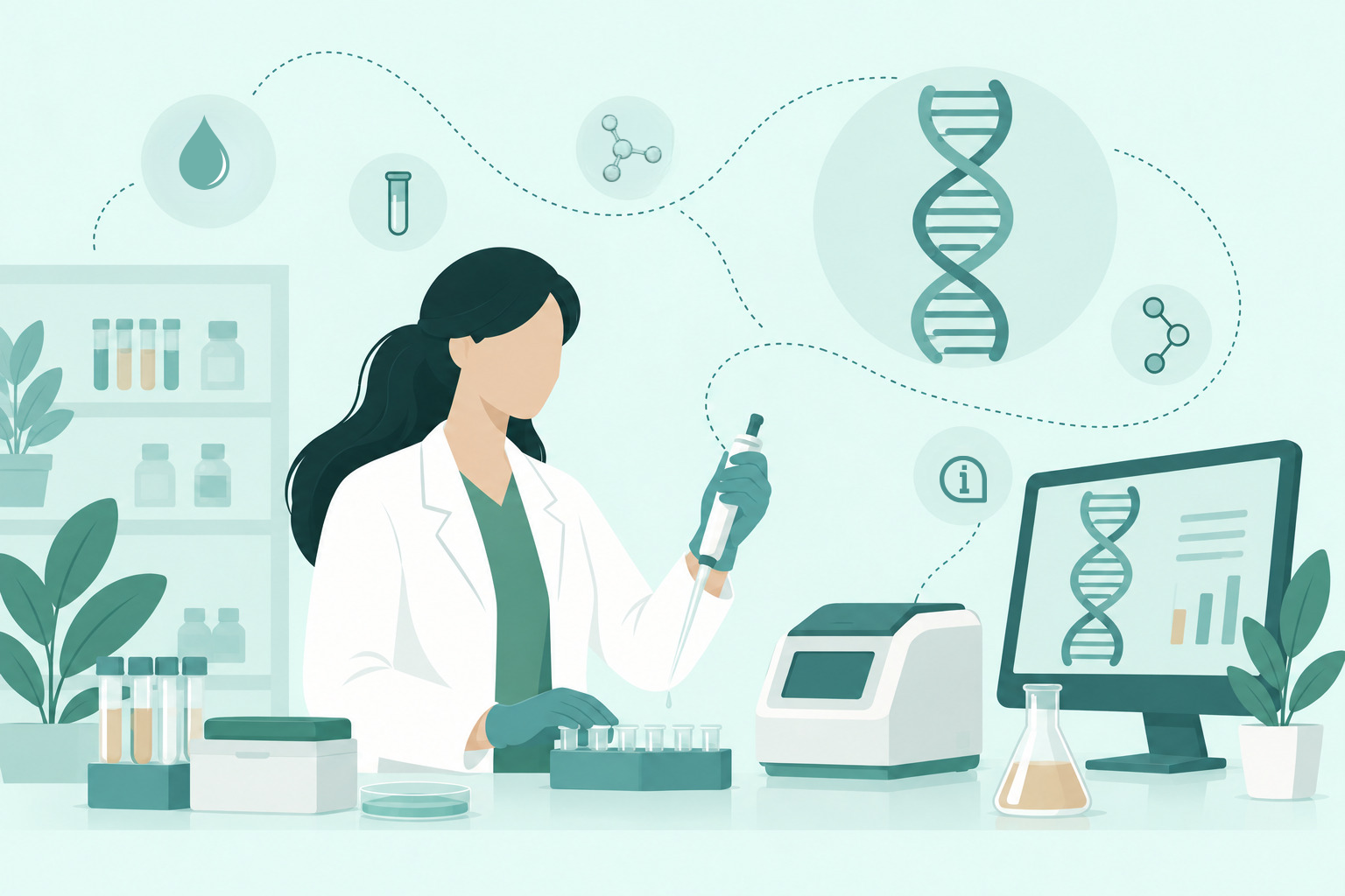 Ilustrácia laborantky spracúvajúcej vzorku na analýzu DNA