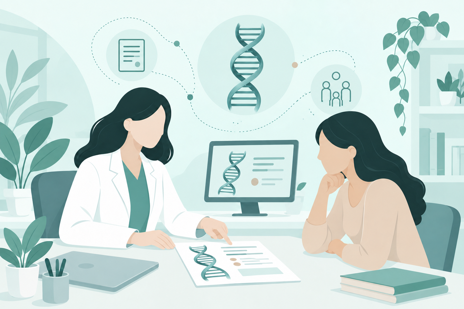 Ilustrácia genetičky vysvetľujúcej pacientke výsledok DNA testu